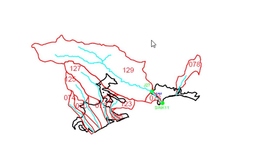 Σχήμα 5.3: Λεκάνες, κόμβοι και λοιπά τμήματα του μοντέλου προσομοίωσης στην ν.