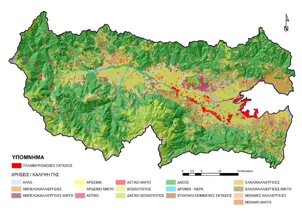 Αποτελέσματα & Συζήτηση Στον χάρτη της Εικόνας 4, παρουσιάζεται η κατηγοριοποίηση των χρήσεων κάλυψης γης για την λεκάνη του Σπερχειού και με κόκκινο χρωματισμό οι πλημμυρισμένες εκτάσεις που