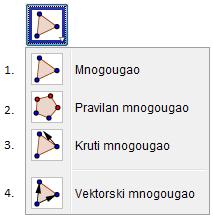 Slika 12: Alati za rad sa mnogouglovima Na slici 12 prikazani su alati za rad sa mnogouglovima: 1. Izborom tačaka koje će biti temena mnogougla, a zatim opet početnog temena dobija se mnogougao. 2.
