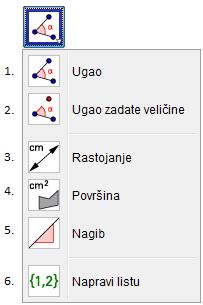 Slika 15: Alati za rad sa uglovima i merenje Na slici 15 prikazani su alati za rad sa uglovima i merenje: 1. Izborom tri tačke ili dve duži, dobija se ugao njima odrežen. 2.