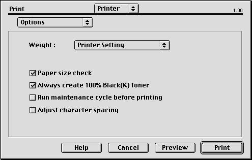 Print Options Options (Επιλογές εκτύπωσης - Επιλογές) Media Weight (Βάρος χαρτιού) Επιλέξτε το πάχος/τύπο του χαρτιού στον εκτυπωτή.