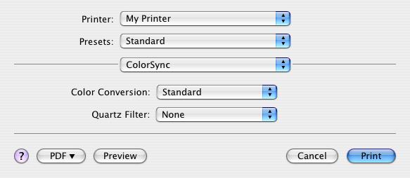 ColorSync Color conversion (Μετατροπή χρώματος) Για μετατροπή χρώματος η μοναδική διαθέσιμη επιλογή για το μοντέλο του εκτυπωτή σας είναι Standard (Βασική).