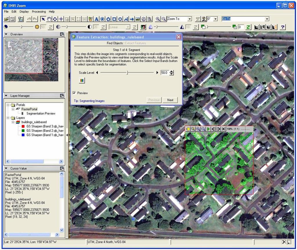 Preview Portal showing segmentation results Figure 2: ENVI Zoom interface with Preview Portal 2. You want to choose the highest Scale Level that delineates the rooftops as well as possible.