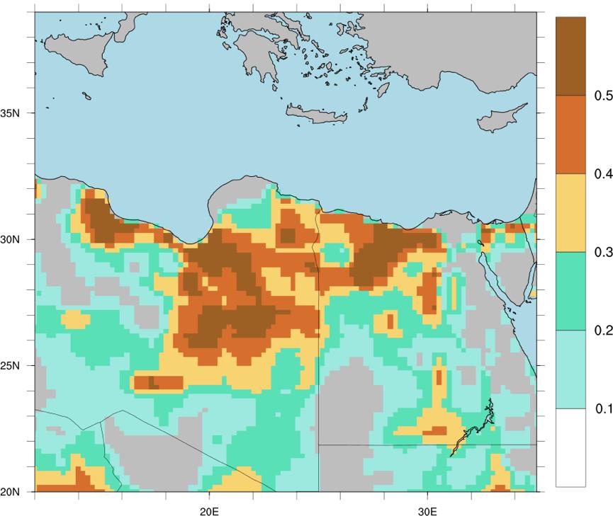 Διακρίνεται καθαρά η μεταφορά σκόνης από την περιοχή κοντά στα σύνορα Λιβύης (περιοχή της Κυρηναϊκής) και της Αιγύπτου προς την Ελλάδα.
