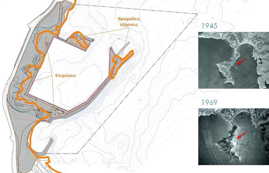 Σχήμα ΣΤ 10: Σχηματική απόδοση της μορφολογίας της ακτής προ της κατασκευής των έργων της μαρίνας (Πηγή: 1945 και 1969 αεροφωτογραφίες ΓΥΣ, Υπόβαθρο: τοπογραφική αποτύπωση ) ΣΤ.4.1.2.