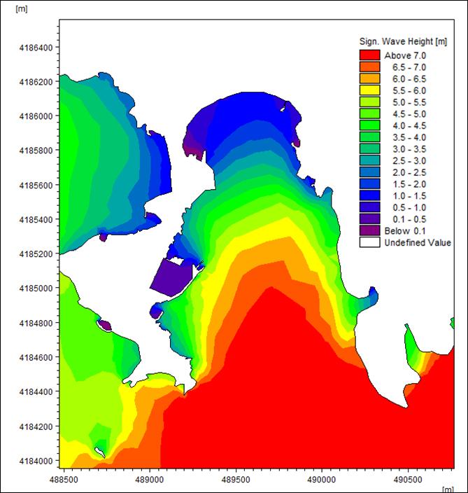 Σχήμα ΣΤ 20: Ύψος κύματος στην περιοχή του έργου για νοτιο άνεμο με περίοδο επιστροφής 100 ετών ΣΤ.4.4.2. Ωκεανογραφικά χαρακτηριστικά (Θαλάσσια ρεύματα Παλίρροια) Η κυριότερη συνιστώσα των θαλασσίων ρευμάτων στην περιοχή είναι ανεμογενής.