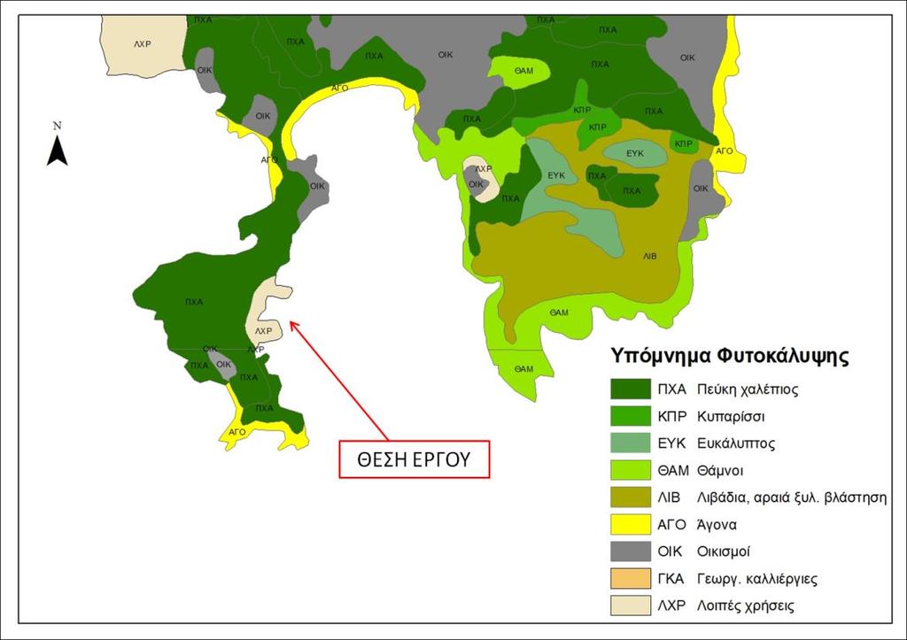 χαλέπιος), κυπαρίσσια, ευκάλυπτο, καθώς και θάμνους και λιβάδια (βλ. Σχήμα ΣΤ 21). Γενικά στο σύνολό της η περιοχή καλύπτεται από βλάστηση μεσογειακού τύπου.