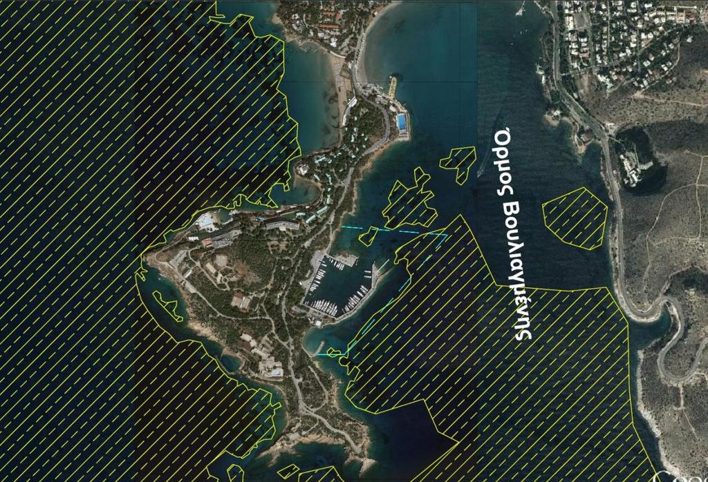 Σχήμα ΣΤ 23: Ευρύτερη περιοχή με ενδείξεις παρουσίας λιβαδιών του θαλάσσιου αγγειοσπέρμου Posidonia oceanica (βάσει δορυφορικών φωτογραφιών) Από την εν λόγω εργασία πεδίου προέκυψαν τα εξής (βλ.