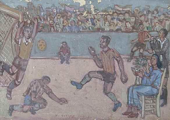ΣΙΔΕΡΗΣ Τάκης (1929) Ποδoσφαιρικός αγώνας 1974 Λάδι /τέμπερα σε ξύλο 24 34.5 εκ υπγρμ & χρινλγμ κ.