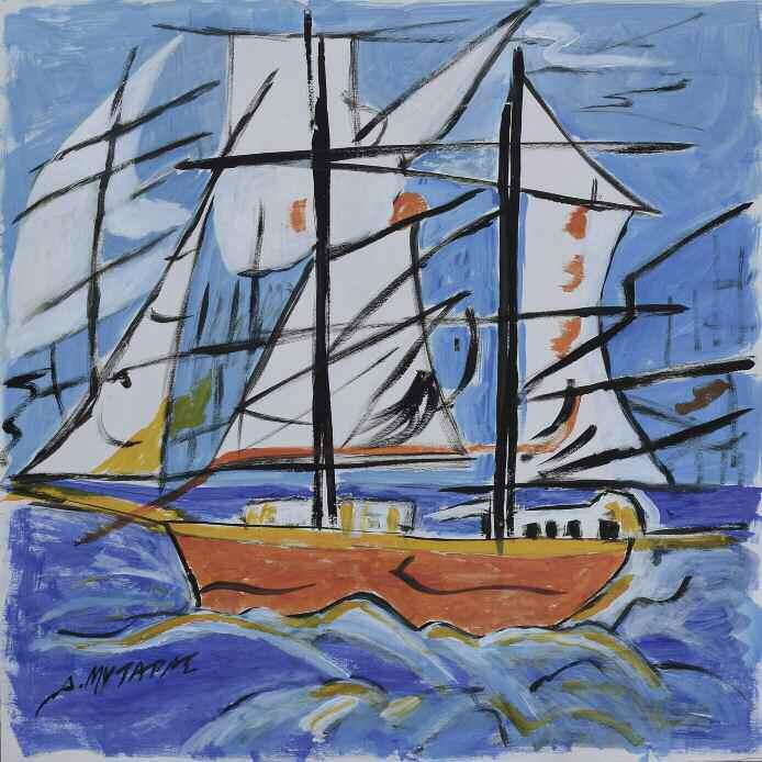 500 MYTARAS Dimitris (1934-2017) Sailing boat Signed study in acrylic on cardboard laid on canvas 50 50 cm