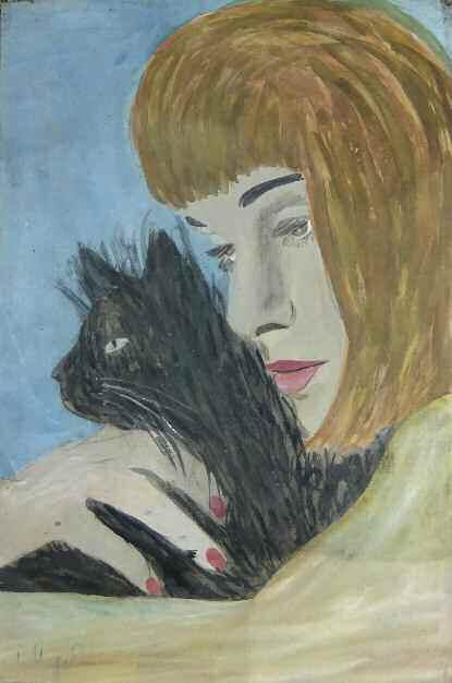 92 92. ΜΙΓΑΔΗΣ Γιάννης (1926-2017) Γυναίκα και γάτα Τέμπερα σε χαρτόνι 34 22 εκ υπγρμ κ.