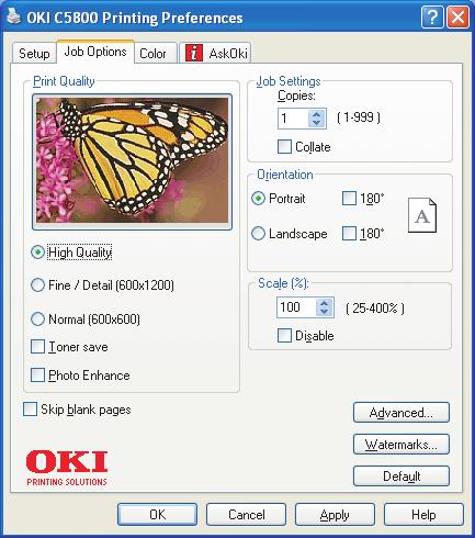 Καρτέλα Job options (Επιλογές εργασιών) 3 4 1 8 5 6 7 2 1. Η ανάλυση εξόδου της εκτυπωµένης σελίδας µπορεί να ρυθµιστεί ως εξής.