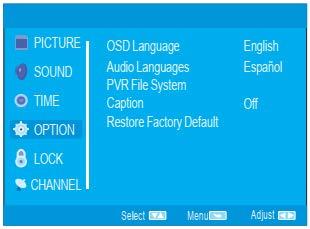 Ε. Μενού OPTION Πιέστε το πλήκτρο MENU για να εμφανίσετε το μενού ρυθμίσεων και στην συνέχεια τα πλήκτρα για να επιλέξετε το μενού OPTION.