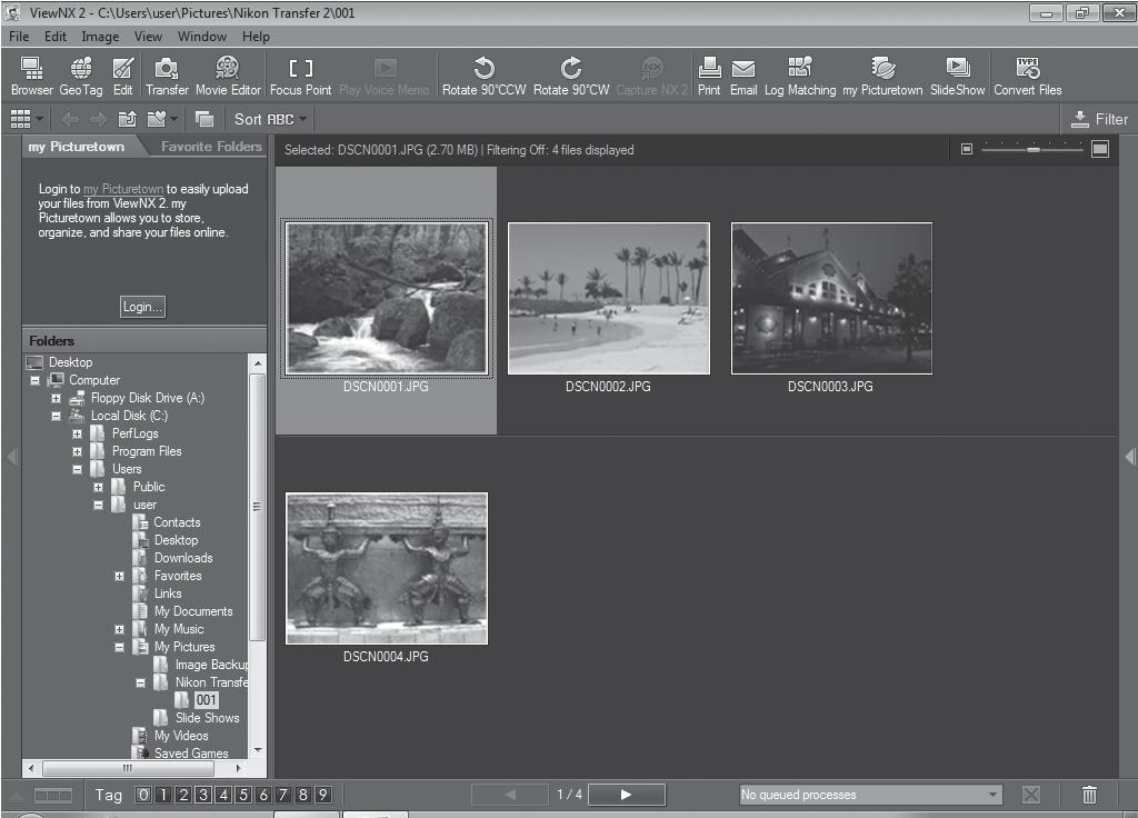 Σύνδεση σε υπολογιστή Μόλις ολοκληρωθεί η μεταφορά, εμφανίζεται η οθόνη του ViewNX 2 (προεπιλεγμένη ρύθμιση ViewNX 2) και οι φωτογραφίες που μεταφέρθηκαν.