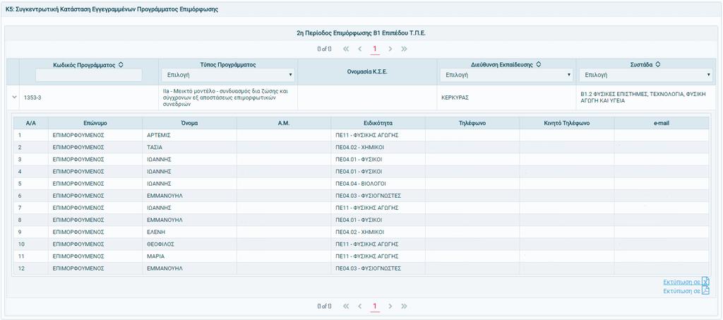 Ο κατάλογος αυτός παράγεται και ως έντυπο (Κ5) πατώντας «Εκτύπωση σε», και μπορεί να εκτυπωθεί ή να αποθηκευτεί ως αρχείο.pdf.