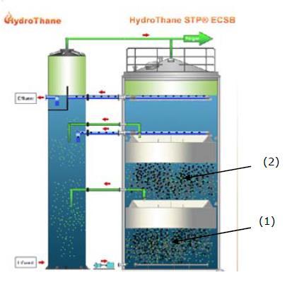 reaktore. Pritekajúca odpadová voda prechádza hustým lôžkom anaeróbnej granulovanej biomasy, kde prebiehajú biologické procesy.