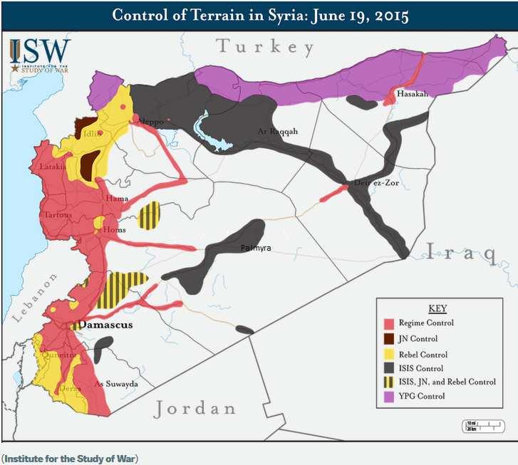 Εικόνα 1 : Η κατανομή του Συριακού εδάφους σε περιοχές ελέγχου του Ισλαμικού Κράτους, των Κούρδων, των αντικαθεστωτικών