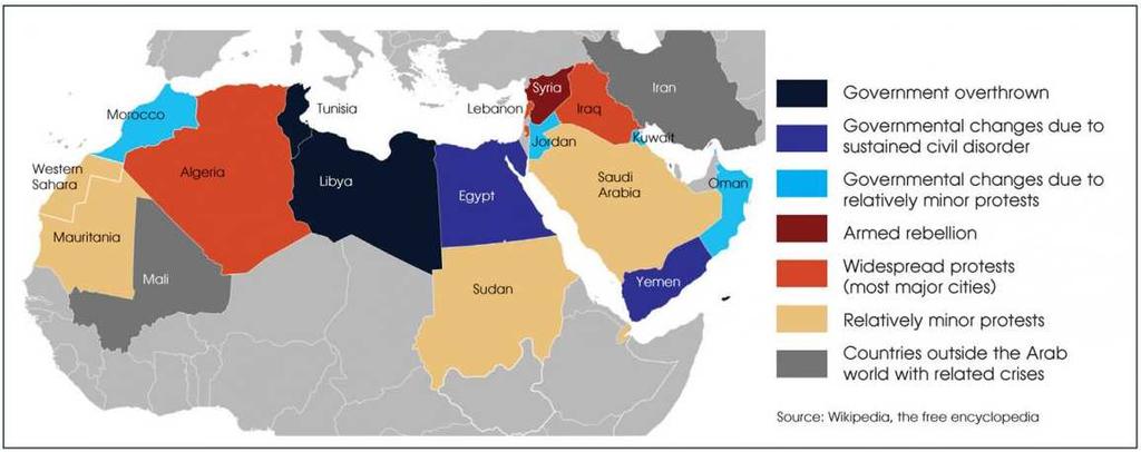 Εικόνα 5 : Οι περιοχές που εκδηλώθηκαν οι εξεγέρσεις της Αραβικής Άνοιξης. Πηγή: http://widell-on-islam.