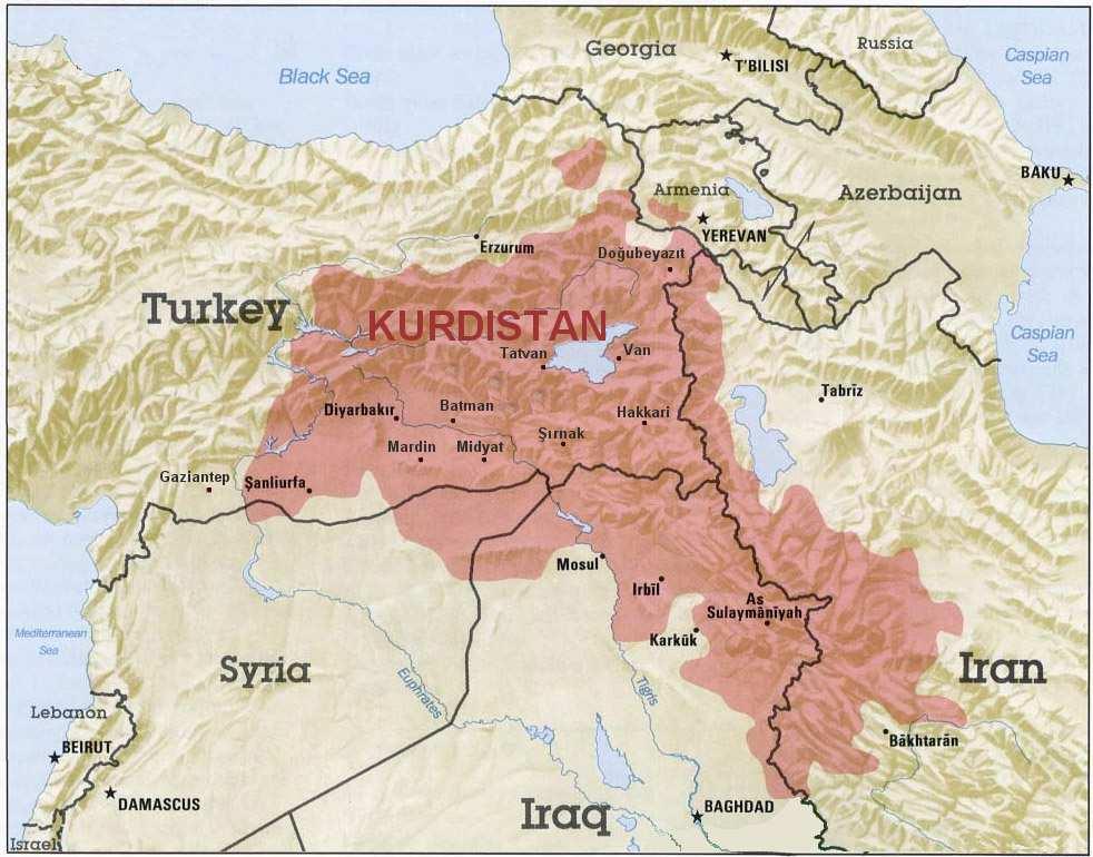 Εικόνα 8: Η περιοχή του Κουρδιστάν Πηγή: http://www.inred.gr/i-katarefsi-tou-iraskinou-kourdistan/ Η εμφάνιση το 1978 στο πολιτικό και στρατιωτικό πεδίο του Ρ.Κ.Κ., του Εργατικού Κόμματος του Κουρδιστάν, με αρχηγό τον Öcalan, και ο ένοπλος αγώνας που αυτό άρχισε να διεξάγει από τον Αύγουστο του 1984 (Φλάσκου, 2013:σελ.