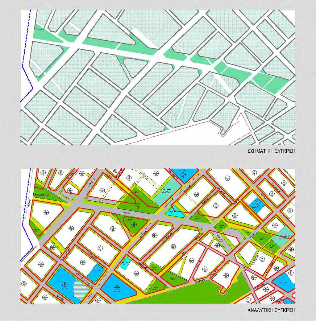 ΣΥΓΚΡΙΣΕΙΣ Ζώνη οδού Σβώλου: συσχέτιση εγκεκριμένου ρυμοτομικού σχεδίου με πρόταση (Πηγή: Α φάση Μελέτης