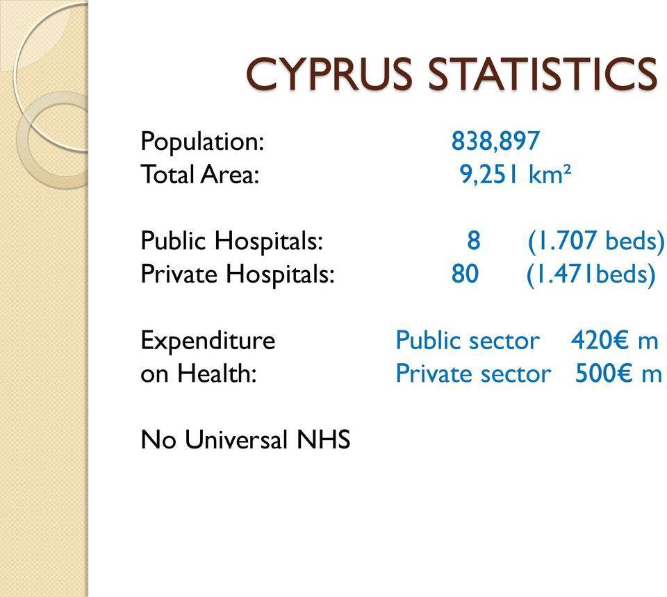 Περίπου το 85% του πληθυσμού δικαιούται φροντίδα στο δημόσιο σύστημα υγείας I. ΕΙΔΙΚΟ ΜΕΡΟΣ ΟΡΓΑΝΩΣΗ Το σύστημα υγείας της Κύπρου αποτελείται από τον ιδιωτικό και το δημόσιο τομέα.
