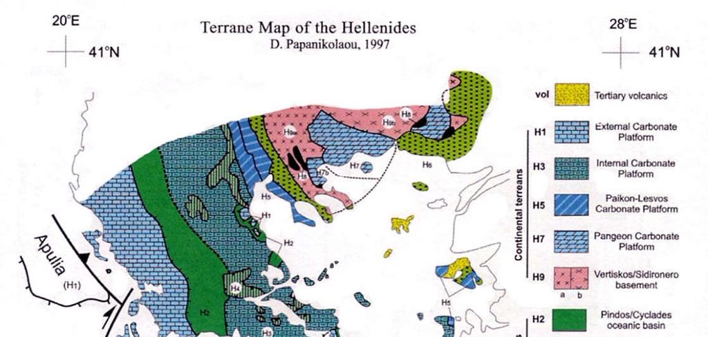 Εικόνα 11. Χάρτης τεκτονοστρωματογραφικών πεδίων των Ελληνίδων (από Papanikolaou,1997).