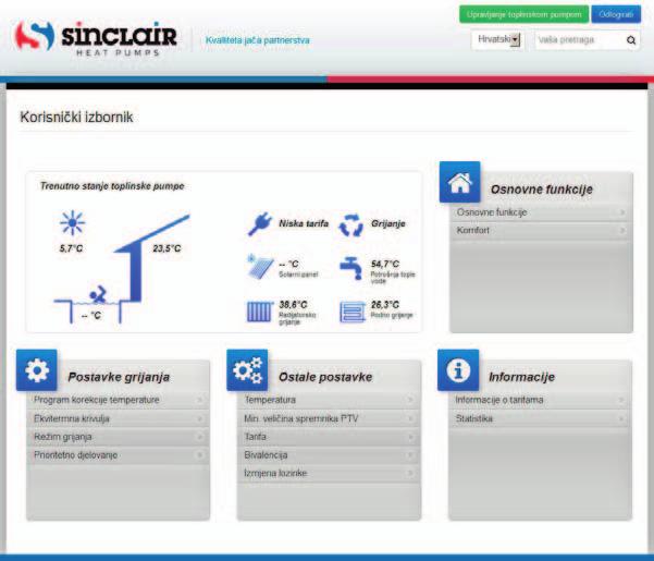 ) Komunikacija je pogodna za touchscreen uređaje PRIKAZANE INFORMACIJE Osnovni pregled stanja sustava (temperature, el. tarife, itd.
