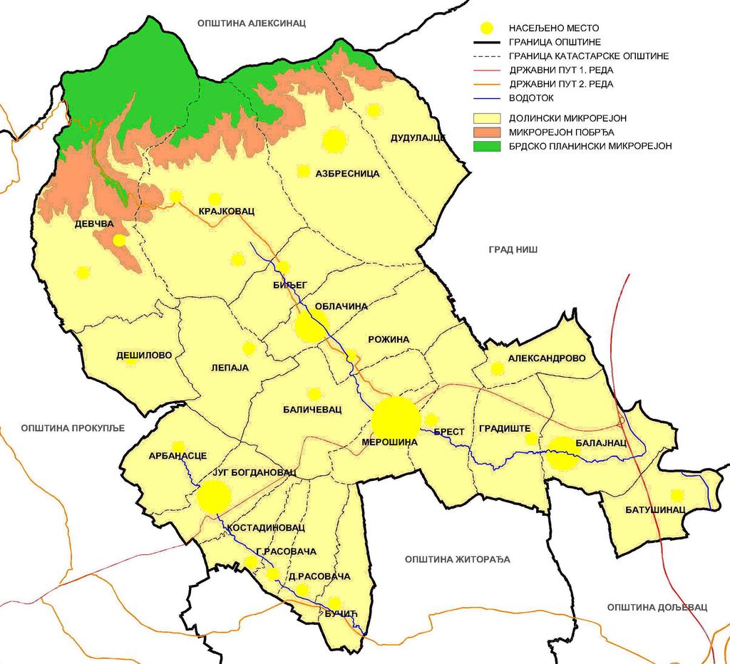 ПРОСТОРНИ ПЛАН ОПШТИНЕ МЕРОШИНА 2024 Слика 1: Микрорејони пољопривредне орјентације Долински микрорејон пружа се по дну Добрича и Нишке котлине и представља подручје интензивне пољопривреде тржишног