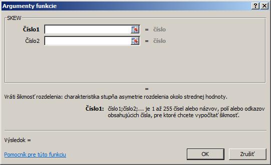 obr. 39 Argumenty funkcie SKEW Špicatosť Pomocou špicatosti sa meria výskyt extrémnych hodnôt v štatistickom súbore s porovnaním s tvarom normálneho rozloženia. Ukazovateľom špicatosti je tzv.