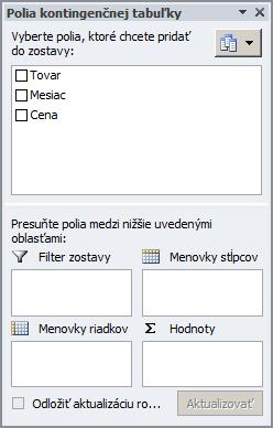 pre umiestnenie poľa do určitej oblasti sekcie rozloženia, klikneme pravým tlačidlom myši kliknite na názov poľa v sekcii polí a potom vyberieme príkaz Pridať do filtra zostavy, Pridať do menoviek