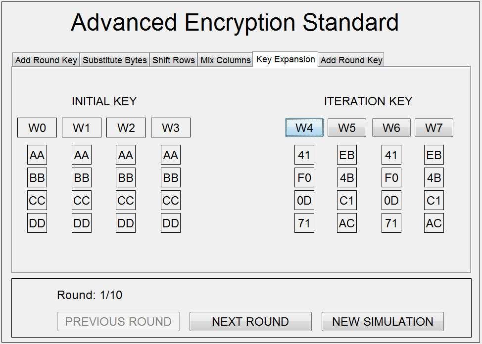 Слика 5.33. Екран за приказ добијања кључа итерације код АES алгоритма у COALA систему казан је само део експанзије кључа којим се формира кључ итерације за ту итерацију.