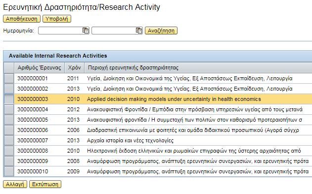 Εκτύπωση Ερευνητικής Δραστηριότητας Για τη εκτύπωση της πρότασης επιλέξτε τον σύνδεσμο Αλλαγή Εσωτερικής Ερευνητικής Δραστηριότητας.