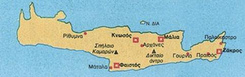 2. Χάρτης Μινωικής Κρήτης με τα ανάκτορα, τους οικισμούς και τα σπήλαια της θρησκευτικής λατρείας. / Map of Minoan Crete with the palaces, settlements and caves where religious ceremonies took place.
