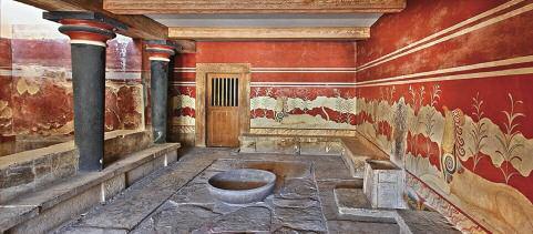 8. Η αίθουσα του θρόνου στο παλάτι της Κνωσού. / The throne chamber at Knossos. Ο μαθητής κρατούσε μια πλάκα από μαλακό πηλό και πάνω της μάθαινε να χαράζει τα παράξενα σημάδια της μινωικής γραφής.