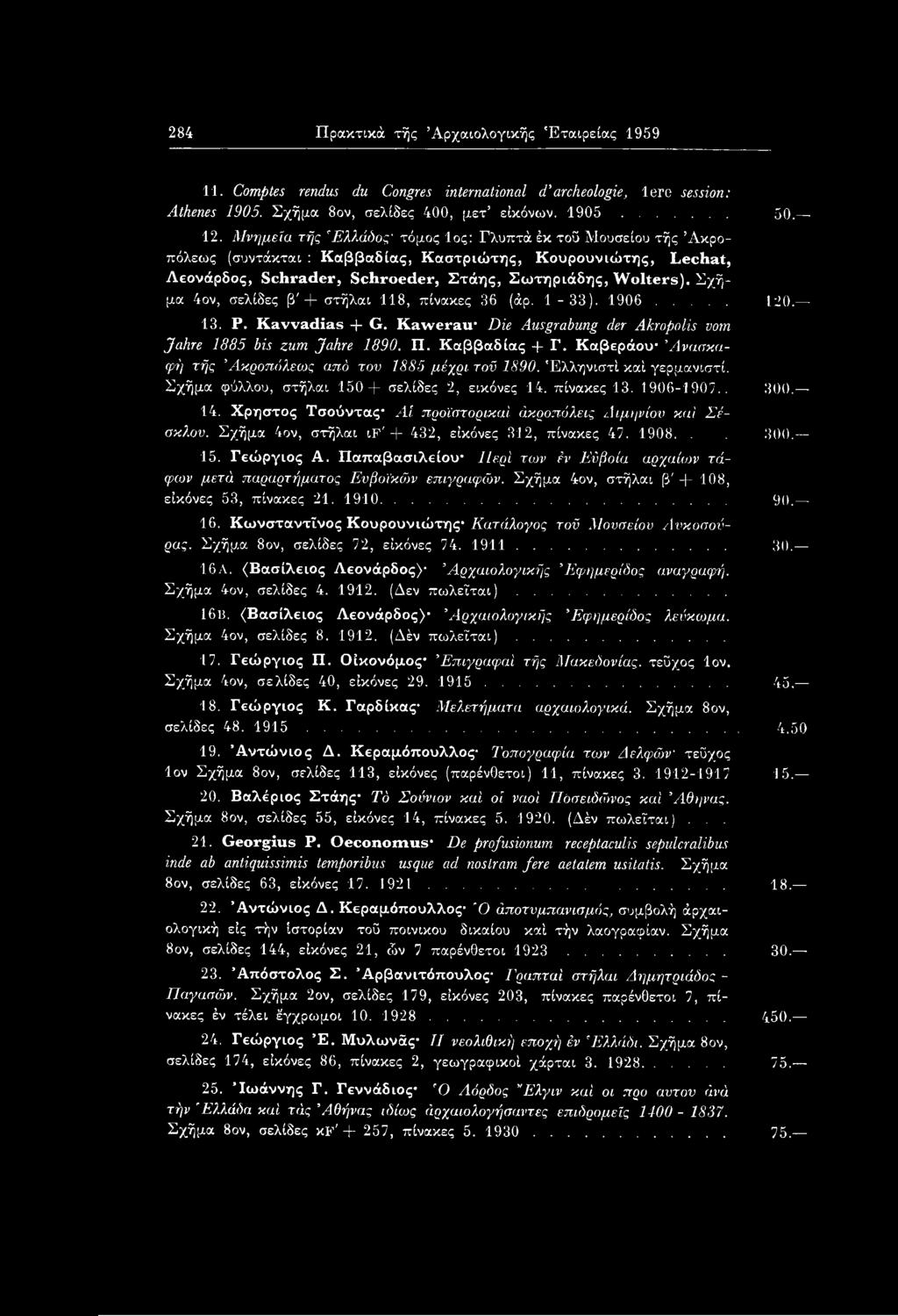 Σχήμα 4ον, σελίδες β'+ στήλαι 118, πίνακες 36 (άρ. 1-33). 1906... 120. 13. Ρ. Kavvadias + G. Kawerau Die Ausgrabung der Akropolis vom Jahre 1885 bis zum Jahre 1890. Π. Καββαδίας + Γ.