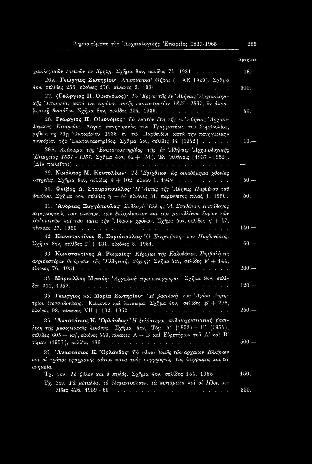 Οικονόμος) Το Έργον τής έν Άθήναις Αρχαιολογικής Εταιρείας κατά την πρώτην αυτής εκατονταετίαν 1837-1937, έν άλφαβητική διατάξει. Σχήμα 8ον, σελίδες 104. 1938... 40. 28. Γεώργιος Π.