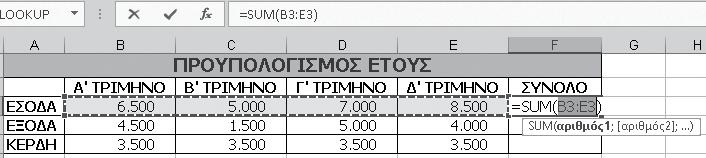 Kεφάλαιο 9: Συναρτήσεις 523 7. Πηγαίνετε στο κελί F4 για να υπολογίσετε το άθροισμα των εξόδων. 8.