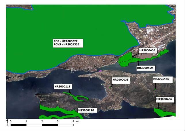 Područja značajna za očuvanje za vrste i stanišne tipove (POVS): HR2001363 zaleđe Trogira udaljeno 1,29 km sjeverno od lokacije zahvata HR3000430 Pantan udaljeno 1,29 km istočno od lokacije zahvata