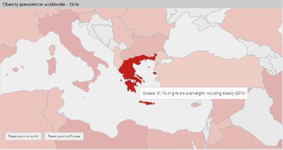 Στη συνέχεια, στον ακόλουθο χάρτη παρατηρείται το ποσοστό των υπέρβαρων κοριτσιών στην Ελλάδα για