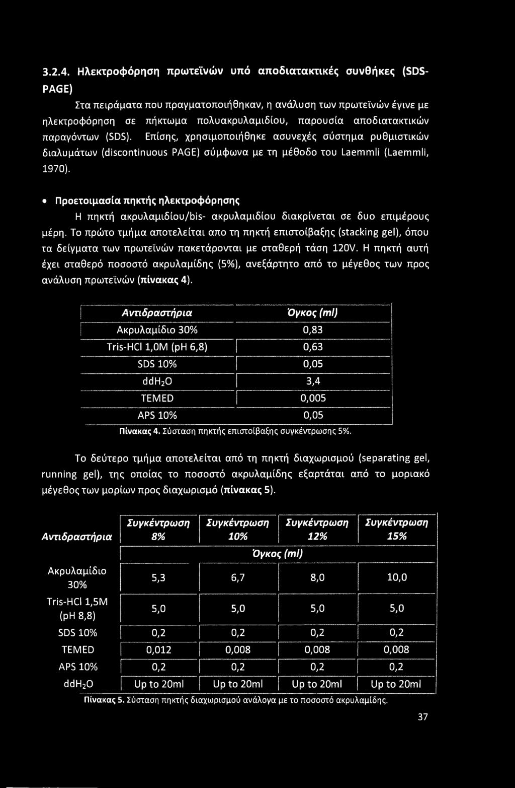 αποδιατακτικών παραγόντων (SDS). Επίσης, χρησιμοποιήθηκε ασυνεχές σύστημα ρυθμιστικών διαλυμάτων (discontinuous PAGE) σύμφωνα με τη μέθοδο του Laemmli (Laemmli, 1970).