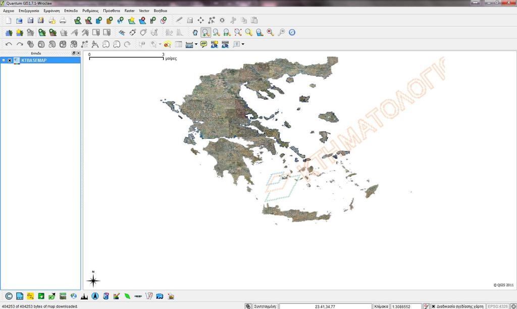 4. Πλέον στα παράθυρο σχεδίασης χάρτη του QGIS εμφανίζεται ο χάρτης