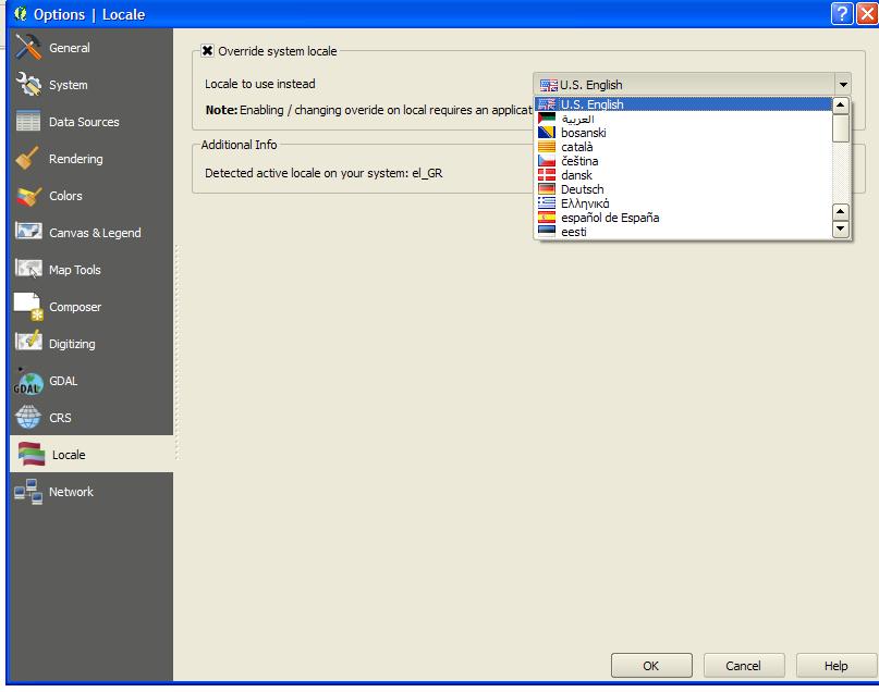 Αλλαγή γλώσσας στο QGis Ρυθμίσεις