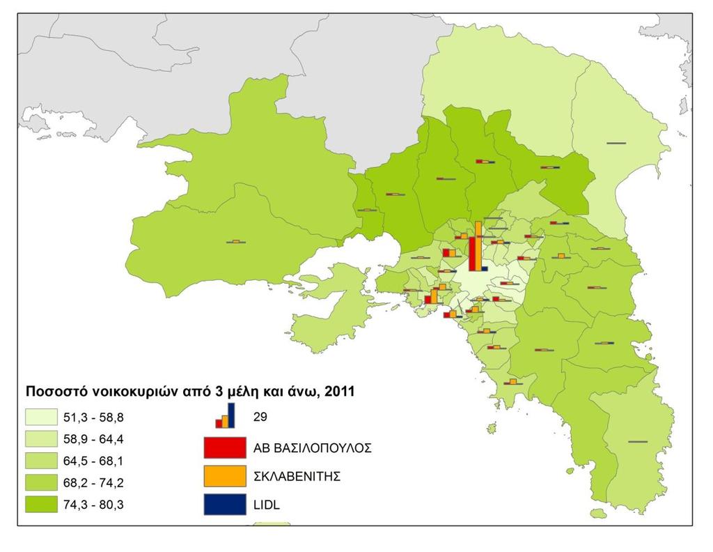 Χάρτης 4.10 Ποσοστό νοικοκυριών από 3 μέλη και άνω, 2011. Πηγή: Μεταξύ άλλων πηγών (ΕΛΣΤΑΤ 2011, ab.gr, xo.gr, stigmap.gr), Ιδία επεξεργασία Στον παραπάνω χάρτη 4.