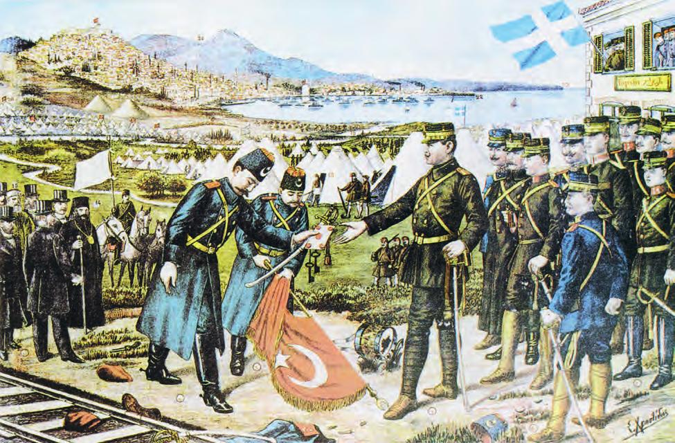 ΚΕΦΑΛΑΙΟ Β Λαϊκή λιθογραφία που απεικονίζει την παράδοση της Θεσσαλονίκης στον διάδοχο Κωνσταντίνο, επικεφαλής του ελληνικού στρατού, από τον Τούρκο Ταχσίν πασά (27 Οκτωβρίου 1912).