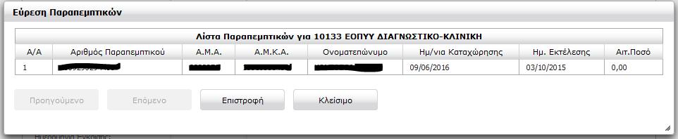 Εμφανίζεται η οθόνη εύρεσης παραπεμπτικού με δυνατότητα αναζήτησης την Ημερομηνία Εκτέλεσης, τον ΑΜΑ του ασφαλισμένου, τον ΑΜΚΑ του ασφαλισμένου και την ημερομηνία Καταχώρησης: Συμπληρώνει το φίλτρο