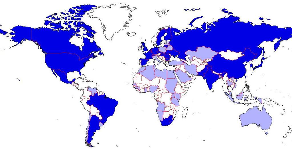 Pohľad na jadrovú mapu sveta Krajiny s jadrovými reaktormi (tmavomodré), resp. tie, ktoré sa chcú pustiť do výstavby (stav podľa IAEA v roku 2008).