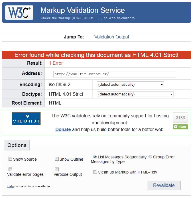 Obrázok 5.1: HTML validácia webovej stránky www.fit.vutbr.cz 5.1.2 Achecker Novší validátor Achecker 2 webovej prístupnosti, ktorý umožňuje validáciu HTML aj CSS podľa viacerých dostupných štandardov, medzi inými aj novší WCAG 2.