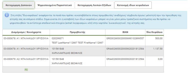 Ενότητα «Καταβληθέντα Ίδια Κεφάλαια» Η τελευταία ενότητα απαιτεί την καταχώρηση των ποσών ιδίων κεφαλαίων που καταβάλει ο ωφελούμενος κάθε διαμερίσματος στον κάθε Προμηθευτή.