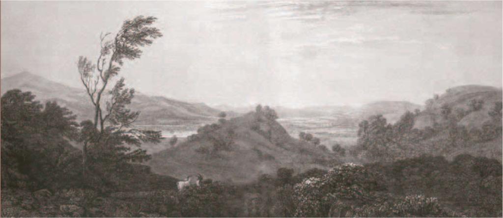 Σχήμα 1. Ο Κρόνιος λόφος σχεδόν άδενδρος και η κοιλάδα της Ολυμπίας πλήρως υποβαθμισμένη (1813: χαλκογραφία των Allason, Dewint και Cooke, Γεννάδειος βιβλιοθήκη). 1.2 Κρόνιος λόφος, δασική βλάστηση, πυκνότητα βλάστησης.