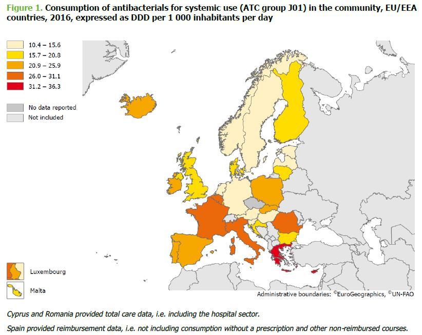 ECDC- Annual Epidemiological Report 2016 Antimicrobial Consumption Population-weighted mean consumption of antibacterials for systemic use in the community